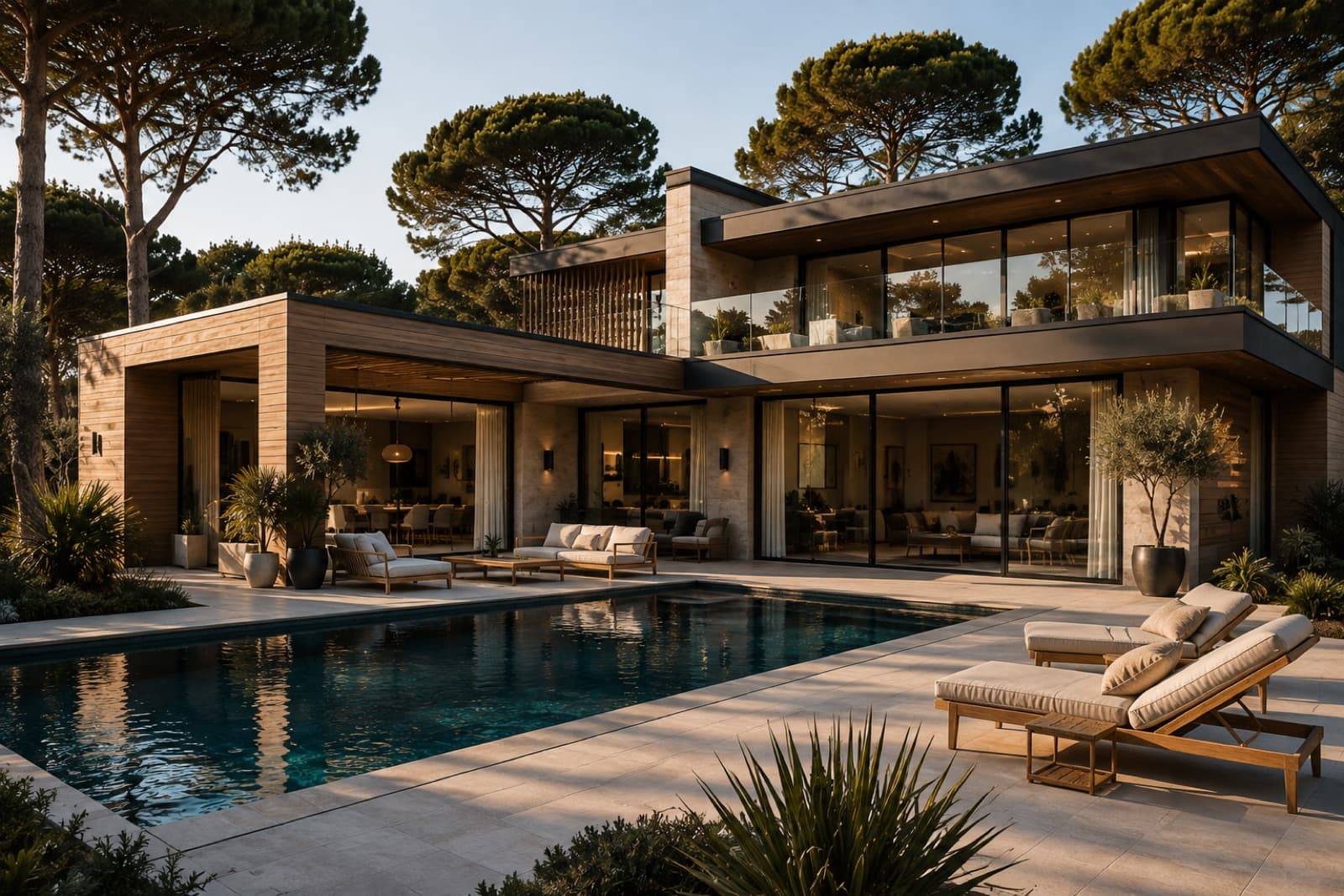 Villa contemporaine avec piscine au coucher du soleil sur la Côte Atlantique
