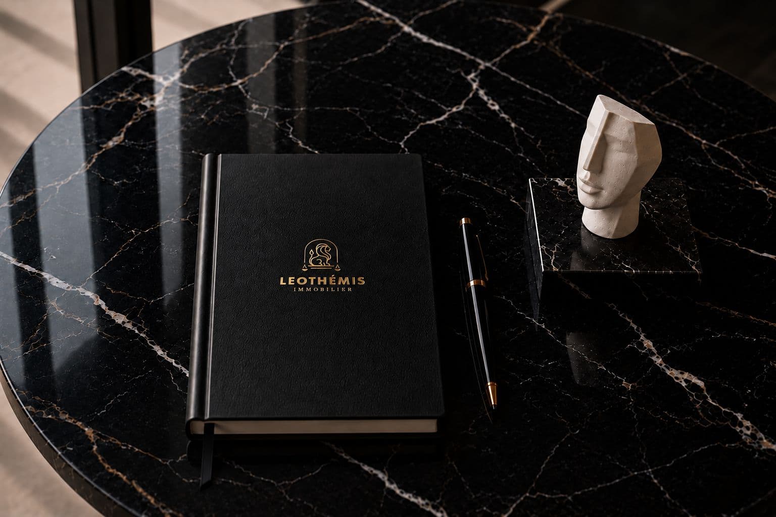 Carnet LEOTHÉMIS Immobilier et stylo posés sur une table en marbre noir